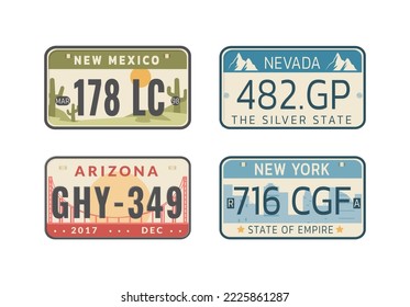 Set of USA states car vehicles registration plates. License registration signs of auto, motorcycle, truck. Road transport plates of Arizona, New York, Michigan, Nevada, California, Oregon vector