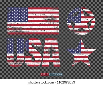 Set of USA symbols. Lettering, grunge american flag, stars.  Transparent background. Template for your design works. Vector illustration.