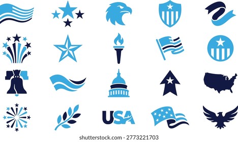 Set of usa symbols like flag, eagle, stars, capitol, torch, bell for national themes.