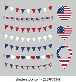 set of USA symbols, pennants, flag colors, love US, Washington's Birthday vector decorative elements