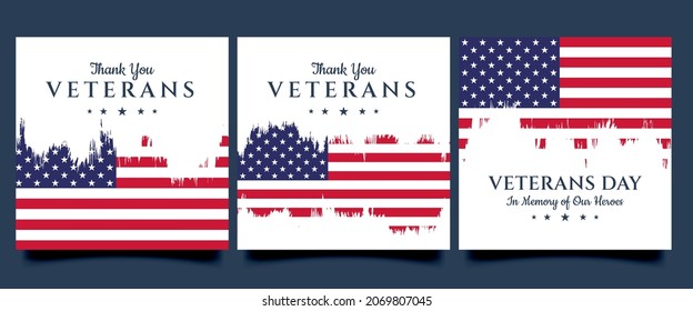 Set of USA Veterans day square banner template design. Usable for social media post, cards, banners, and web.