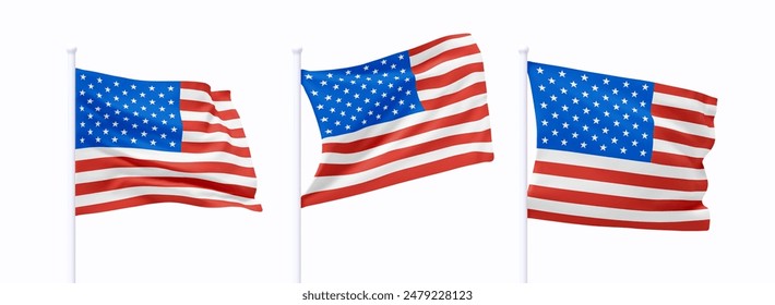 Set of Usa waving flag on flagpole. Realistic 3d design flag flies on the wind on isolated white background. vector illustration