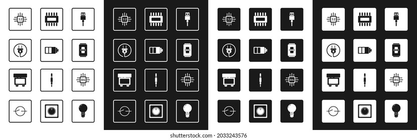 Set USB cable cord, Battery charge level indicator, Electric plug, Processor with microcircuits CPU, light switch,  and Fuse icon. Vector