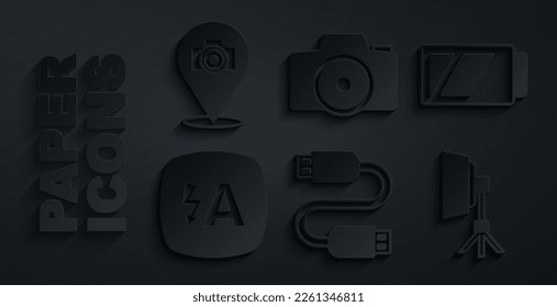 Set USB cable cord, Battery for camera, Auto flash, Softbox light, Photo and  icon. Vector