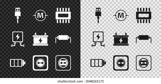 Set USB cable cord, Electric circuit scheme, Processor with microcircuits CPU, Battery charge level indicator, Electrical outlet, transformer and Car battery icon. Vector