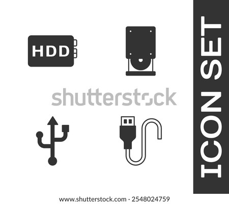 Set USB cable cord, Hard disk drive HDD,  and Optical disc icon. Vector