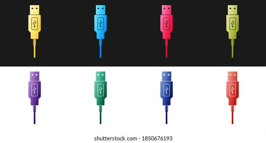 Set USB cable cord icon isolated on black and white background. Connectors and sockets for PC and mobile devices. Smartphone recharge supply. Vector.