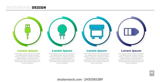 Ajuste el cable del USB, el diodo emisor de luz, el fusible y el indicador del nivel del Recargo de la batería. Plantilla de infografía de negocios. Vector