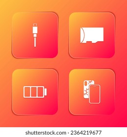 Set USB cable cord, Micro SD memory card, Battery and Mobile with broken screen icon. Vector