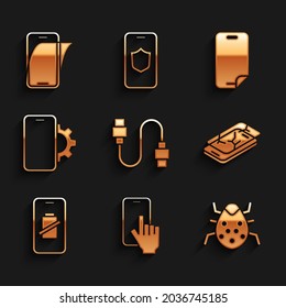 Set USB cable cord, Phone repair service, System bug, Mobile with broken screen, Smartphone battery charge, Glass protector and  icon. Vector