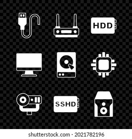 Set USB cable cord, Router and wi-fi signal, Hard disk drive HDD, Web camera, SSHD card, Uninterruptible power supply, Computer monitor screen and  icon. Vector