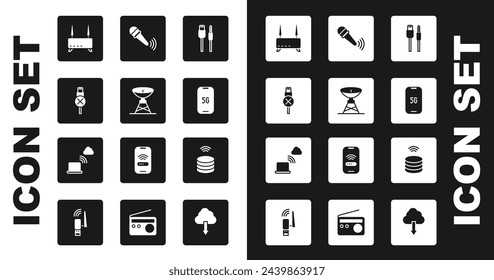 Set USB cable cord, Satellite dish, No usb, Router and wi-fi signal, Mobile with 5G, Wireless microphone, Smart data server and Network cloud connection icon. Vector