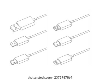 Conjunto de iconos de cable USB, cargador de teléfono móvil, ilustración vectorial.