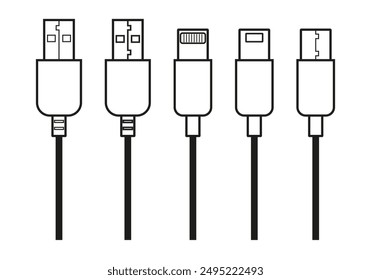 Conjunto de iconos de línea de cable USB. Trazo editable. Ilustración vectorial. EPS 10