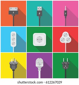 Set of USB cable, socket plugs, electrical plug in flat style with long shadow isolated on colorful background. Plugs vector sign symbol
