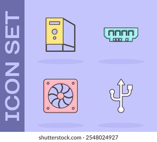 Set USB, Case of computer, Computer cooler and RAM, random access memory icon. Vector