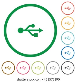Set of USB connection color round outlined flat icons on white background