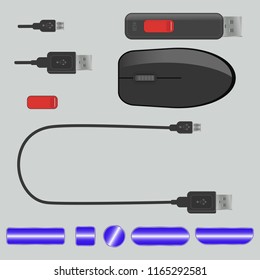 Set of USB connector, mouse, buttons and flash drive.