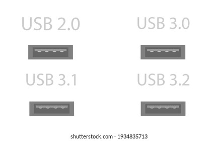 Un conjunto de conectores USB en un diseño gris sencillo con versiones firmadas del protocolo de transferencia de datos Bluetooth. Ver en la sección del plano. Ilustración vectorial plana
