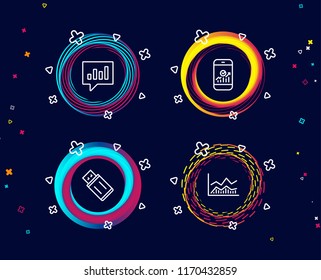 Set of Usb flash, Analytical chat and Smartphone statistics icons. Trade infochart sign. Memory stick, Communication speech bubble, Mobile business. Business analysis.  Circle banners with line icons