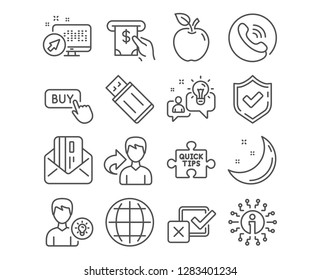 Set of Usb flash, Buy button and Atm service icons. Globe, Quick tips and Idea signs. Credit card, Person idea and Checkbox symbols. Memory stick, Online shopping, Cash investment. Vector