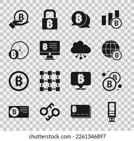 Set USB flash drive, Bitcoin, Globe, Mining bitcoin from monitor, with clock, Hand holding and Cryptocurrency cloud mining icon. Vector