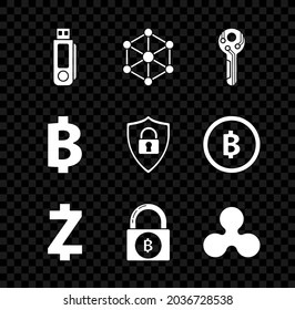 Set USB flash drive, Blockchain technology, Cryptocurrency key, coin Zcash ZEC, Lock with bitcoin, Ripple XRP, Bitcoin and Shield security icon. Vector