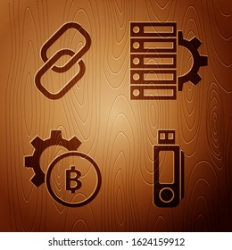 Set USB flash drive, Chain link, Cryptocurrency coin Bitcoin and Server and gear on wooden background. Vector