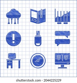 Configure la unidad flash USB, el reloj, el libro en línea en el monitor, el chat de la burbuja de voz, el ordenador y el escritorio, la información, la infografía del gráfico circular e icono de conexión en la nube de red. Vector