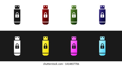 Set USB flash drive with closed padlock icon isolated on black and white background. Security, safety, protection concept. Vector Illustration