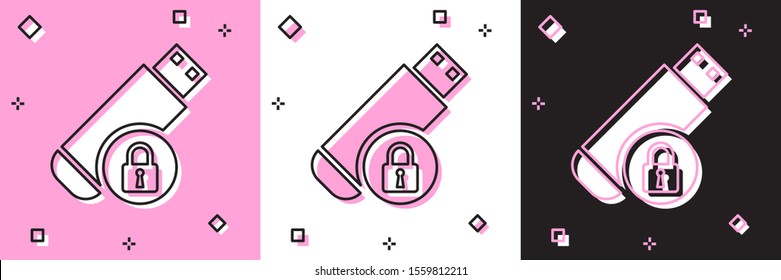 Set USB flash drive with closed padlock icon isolated on pink and white, black background. Security, safety, protection concept.  Vector Illustration