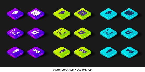 Set USB flash drive, Comedy and tragedy masks, Home stereo with two speakers, Popcorn in box, Play Video and Retro cinema camera icon. Vector