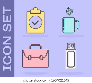 Set USB flash drive, Completed task, Briefcase and Cup of tea and leaf icon. Vector