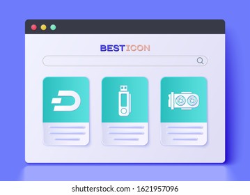 Set USB flash drive, Cryptocurrency coin Dash and Mining farm icon. Vector