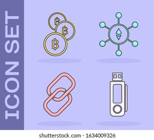 Set USB flash drive, Cryptocurrency coin Bitcoin, Chain link and Blockchain technology Ethereum ETH icon. Vector