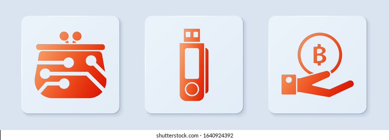 Set USB flash drive, Cryptocurrency wallet and Hand holding Bitcoin. White square button. Vector