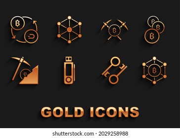 Set USB flash drive, Cryptocurrency coin Bitcoin, Blockchain technology, key, cloud mining, Crossed pickaxe, exchange and  icon. Vector