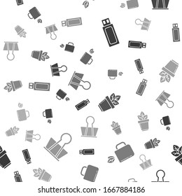 Set USB flash drive, Cup of tea and leaf, Flowers in pot and Binder clip on seamless pattern. Vector