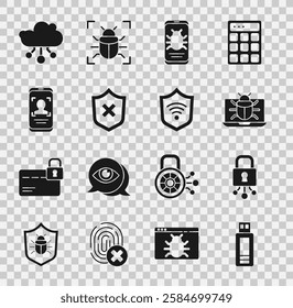 Set USB flash drive, Cyber security, System bug on monitor, mobile, Shield with cross mark, Mobile and face recognition, Internet of things and WiFi wireless icon. Vector