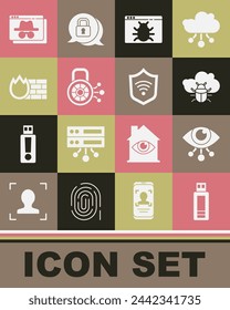 Set USB flash drive, Eye scan, System bug on cloud, Cyber security, Firewall, wall, Browser incognito window and Shield with WiFi wireless icon. Vector