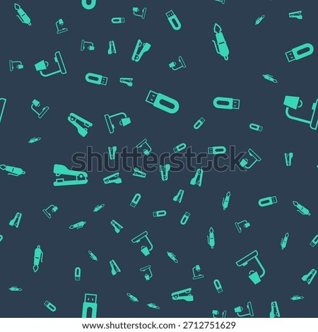 Set USB flash drive, Fountain pen nib, Stapler and Table lamp on seamless pattern. Vector
