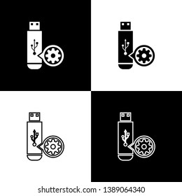 Set USB flash drive and gear icons isolated on black and white background. Adjusting app, service concept, setting options, maintenance, repair, fixing. Vector Illustration