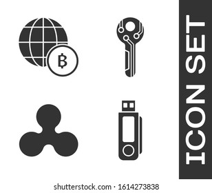Set USB flash drive, Globe and cryptocurrency coin Bitcoin, Cryptocurrency coin Ripple XRP and Cryptocurrency key icon. Vector