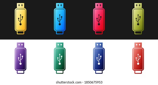 Set USB flash drive icon isolated on black and white background. Vector.