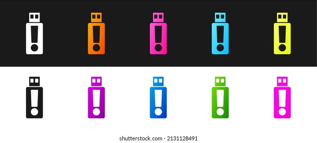 Set USB flash drive icon isolated on black and white background.  Vector