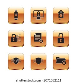Set USB flash drive with lock, Cyber security, , Document and,  and Retro wall watch icon. Vector