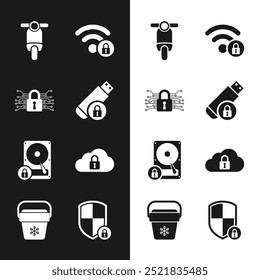 Set USB flash drive with lock, Cyber security, Scooter, Wifi locked, Hard disk and and Cloud computing icon. Vector