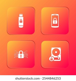 Set USB flash drive with lock, Smartphone, Cyber security and Hard disk and icon. Vector