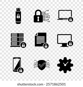 Set USB flash drive with lock, Cyber security, Laptop and, Smartphone,  and Time Management icon. Vector