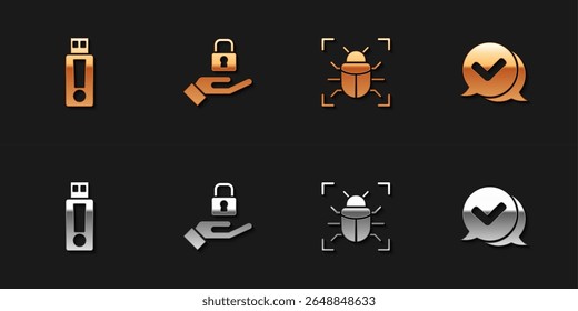 Definir unidade flash USB, Trava na mão, bug do sistema e ícone de balão de fala marca de verificação. Vetor